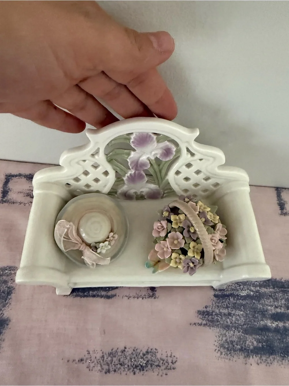 Vintage Style Porcelain Garden Bench Figurine with Flowers, Hat & Basket